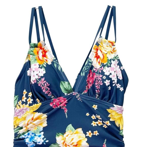 NWT Cupshe Tropical Floral Cutout One Piece Swimsuit Navy Pink Yellow Size XS - Picture 5 of 15